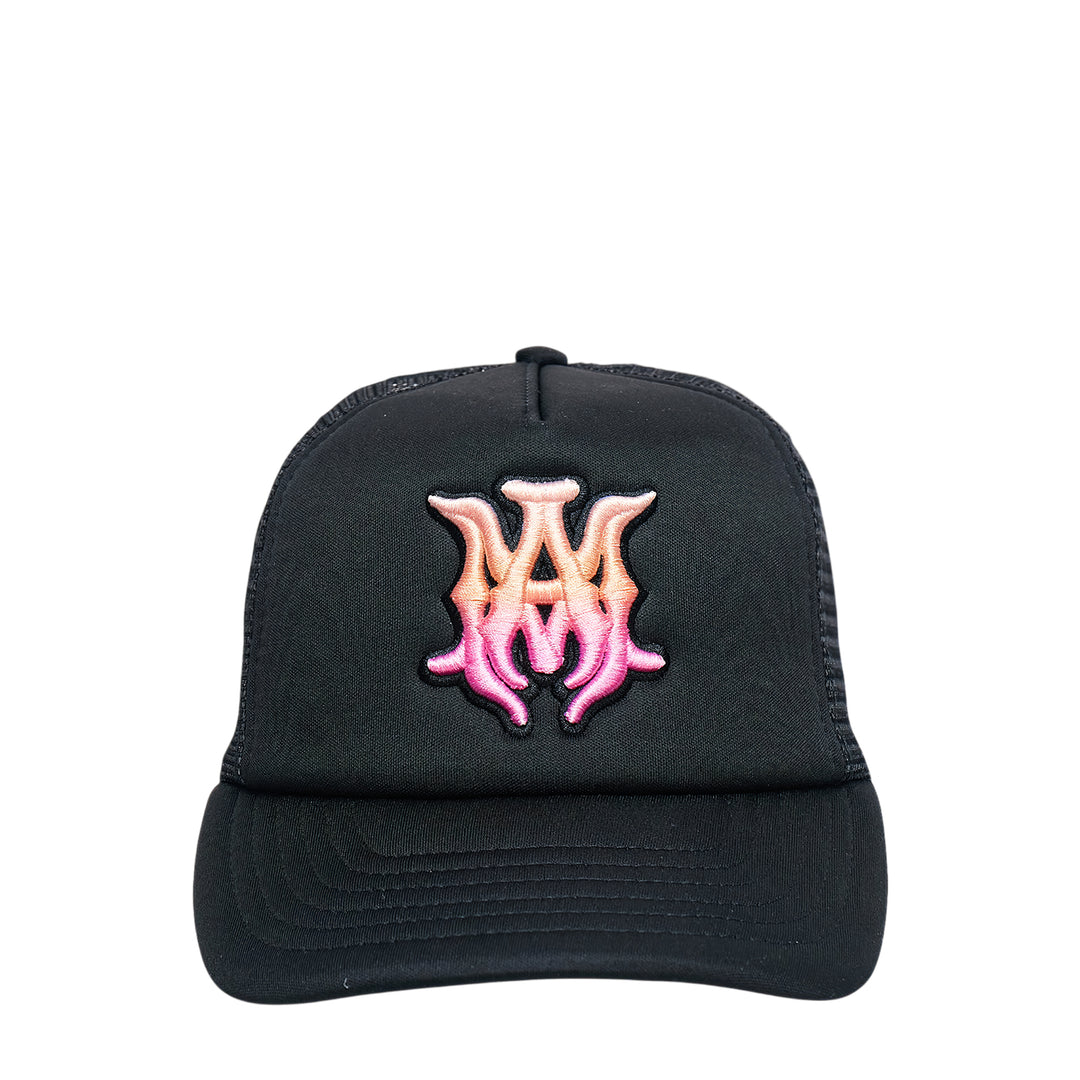 Amiri MA Surf Trucker Hat in black with gradient pink embroidered MA monogram patch on the front panel