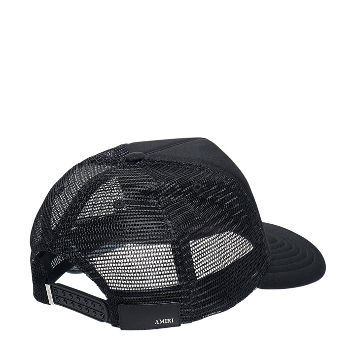 Amiri MA Surf Trucker Hat in black with gradient pink embroidered MA monogram patch on the front panel