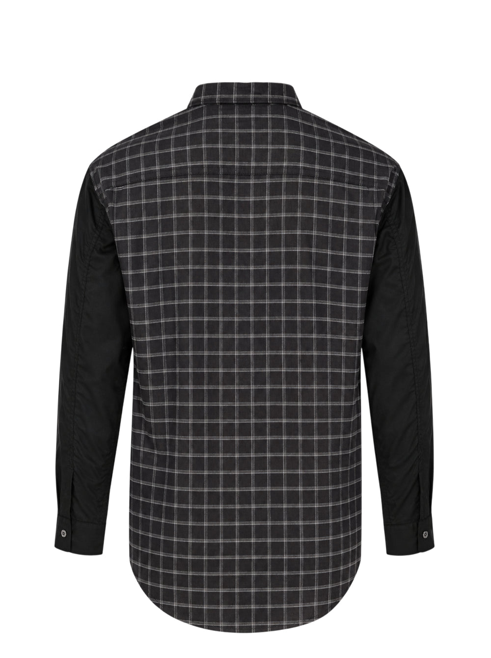 Comme des Garçons Homme long sleeve shirt with dark windowpane check cotton body and contrast solid black cotton broad cloth sleeves, shown flat on a white background - view 2