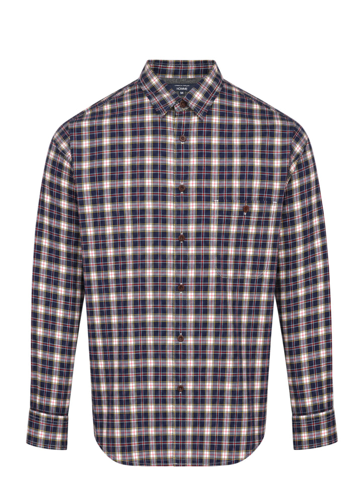 Comme des Garçons Homme cotton twill long sleeve shirt in navy, white, red, and olive plaid check with button-down collar and chest pocket
