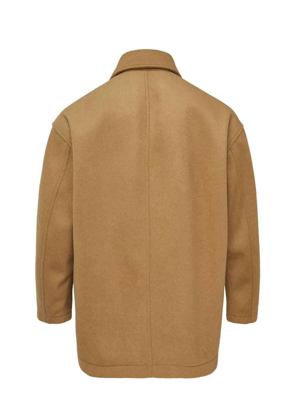 Comme des Garçons Homme wool beaver bonding jacket in camel, featuring a spread collar, five tortoiseshell-effect buttons, a chest patch pocket with angular seam detail, and two large lower patch pockets - view 2