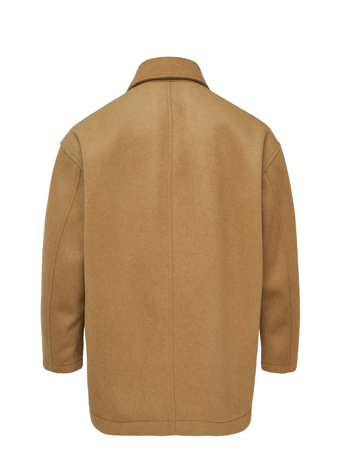 Comme des Garçons Homme wool beaver bonding jacket in camel, featuring a spread collar, five tortoiseshell-effect buttons, a chest patch pocket with angular seam detail, and two large lower patch pockets - view 2