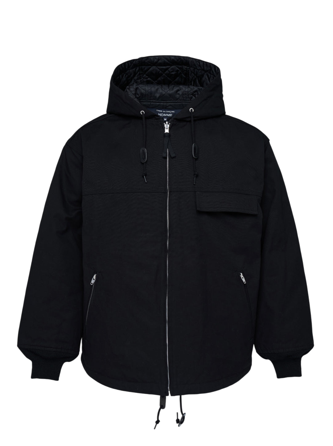 Black Comme des Garçons Homme hooded zip blouson jacket with quilted hood lining, chest flap pocket, zip hand pockets and ribbed cuffs