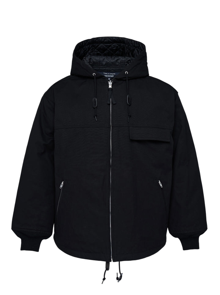 Black Comme des Garçons Homme hooded zip blouson jacket with quilted hood lining, chest flap pocket, zip hand pockets and ribbed cuffs