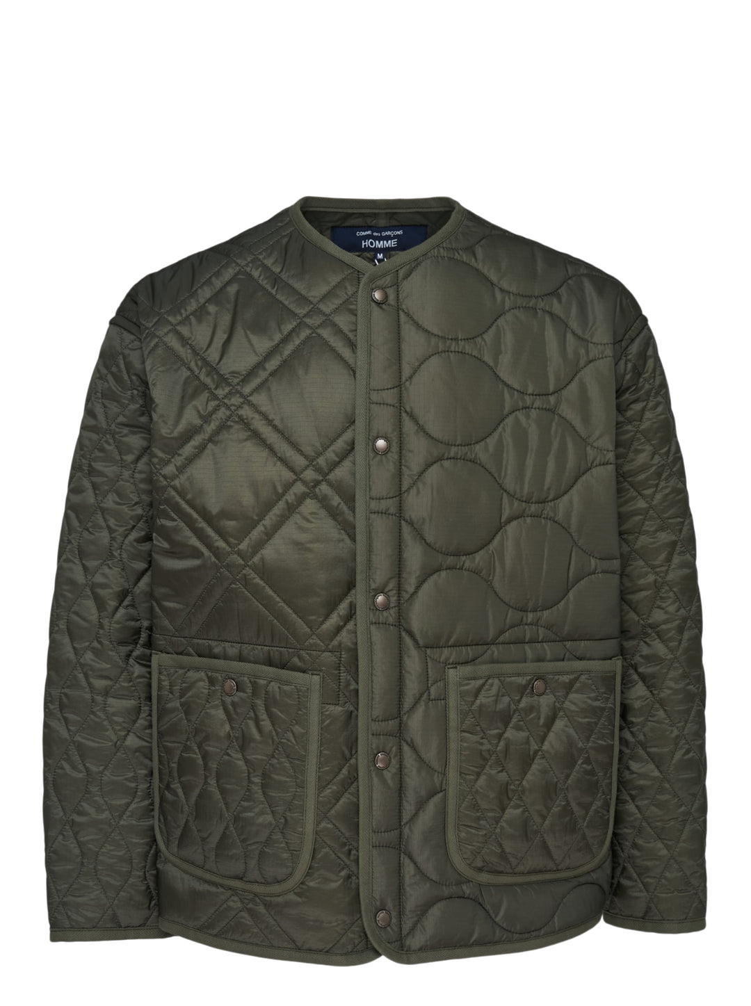 Olive green quilted ripstop nylon jacket with mixed diamond and wave quilting, collarless neckline, snap front and two patch pockets