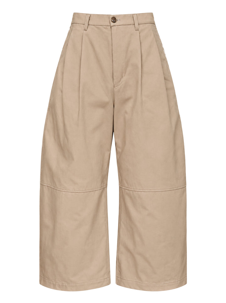 Beige cotton serge wide-leg cropped pants with front pleats and knee seams by Comme des Garçons Homme