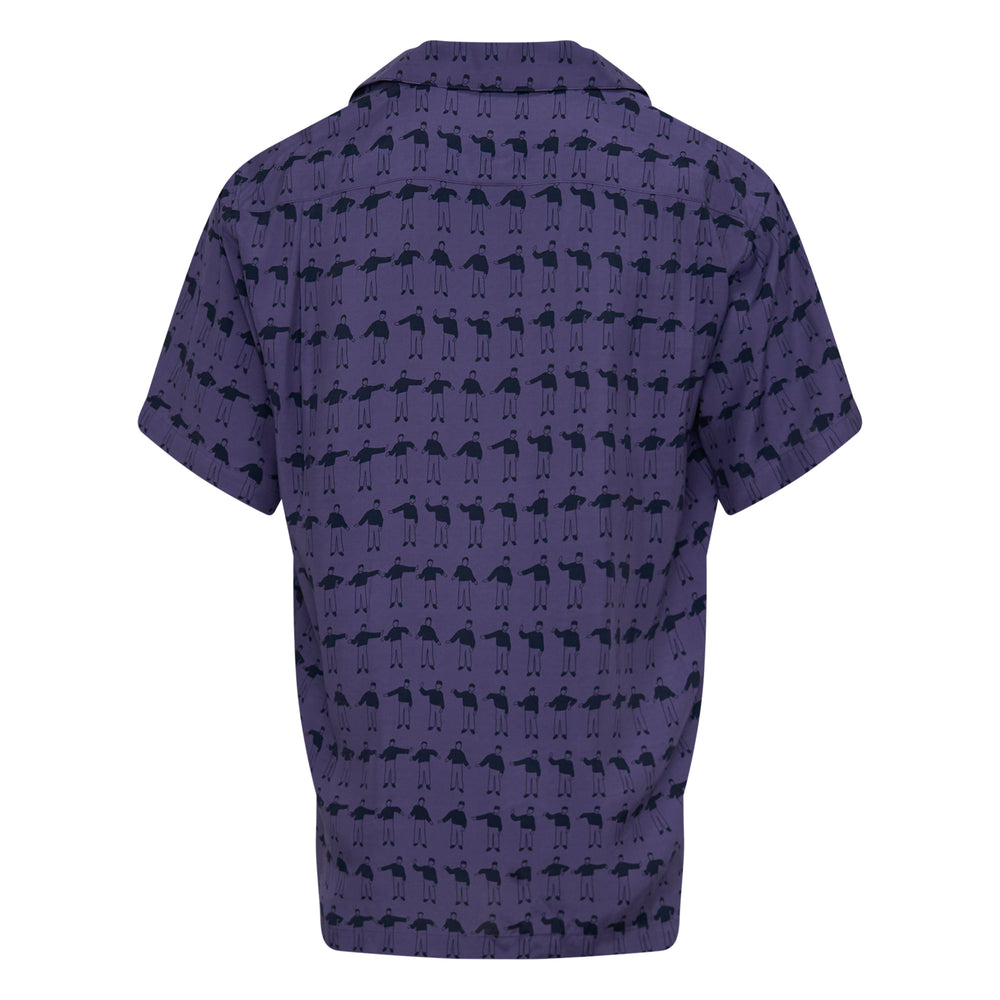 Vowels Wiggles Short Sleeve Shirt in purple with a navy all-over dancing figure print, camp collar, button-front placket, and chest patch pocket - view 2