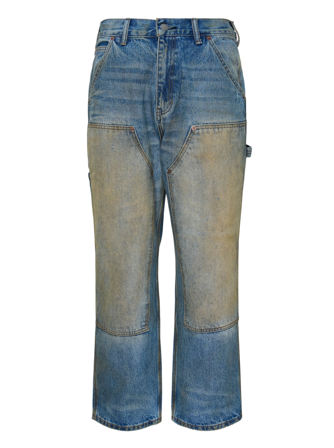 thisisneverthat Denim Double Knee Pants in heavy vintage wash indigo with ochre distressing, double-knee reinforced panels, carpenter utility detailing, and a relaxed wide-leg silhouette — front view