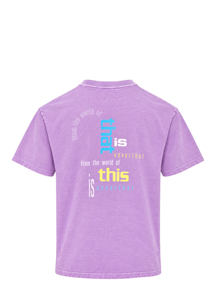 thisisneverthat From the World Tee in acid-washed purple with vertical cyan 'World' graphic and signature script branding on the chest - view 2