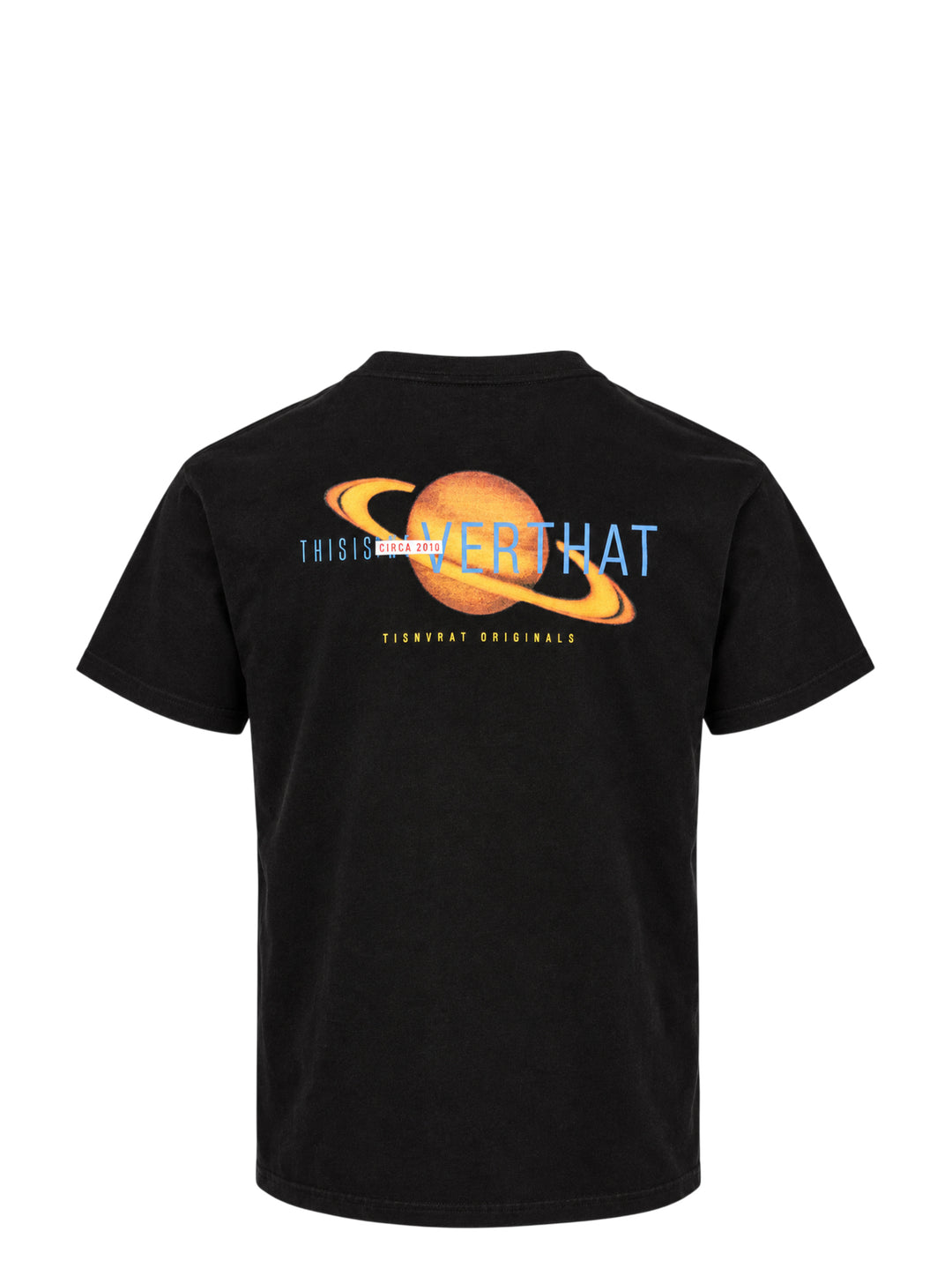 thisisneverthat Saturn short sleeve tee in washed black with a small woven brand logo label at the chest and a ribbed crewneck collar, displayed flat on a white background - view 2