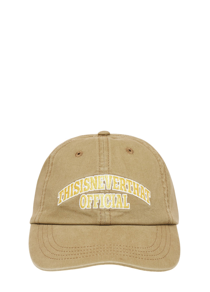 thisisneverthat Arch Logo Cap in washed khaki with arched 'thisisneverthat Official' embroidery in gold and white on the front panel