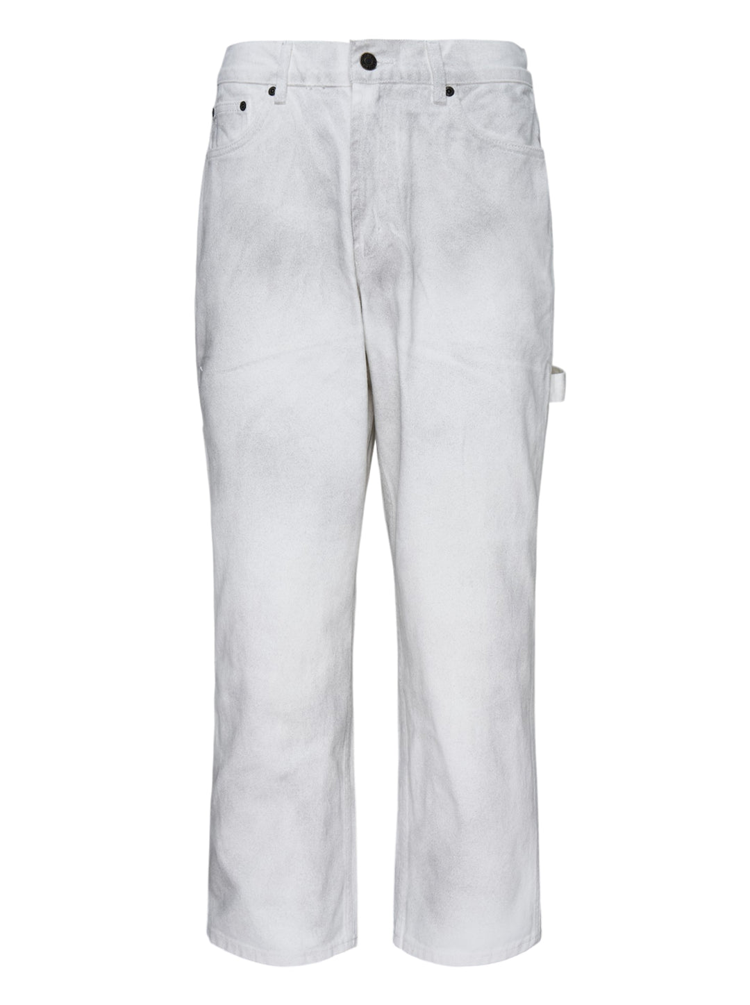 thisisneverthat Painter Pants in washed white with paint-worn finish, relaxed straight-leg silhouette, carpenter utility tab detail, and five-pocket construction — front view