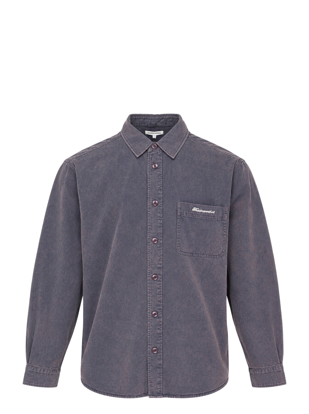 thisisneverthat Washed Twill Long Sleeve Shirt in faded charcoal, front view showing full button placket, chest patch pocket with embroidered script logo, and relaxed oversized silhouette