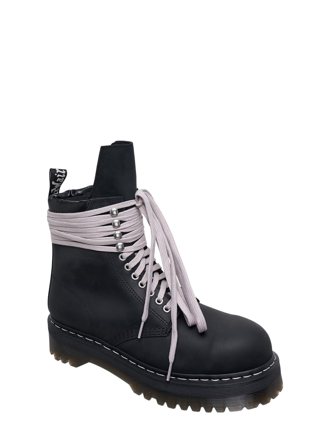 Rick Owens x Dr. Martens Quad Sole Steel Toe Boot in black leather with oversized pale lavender laces wrapped around the ankle and chunky ridged platform sole - view 2