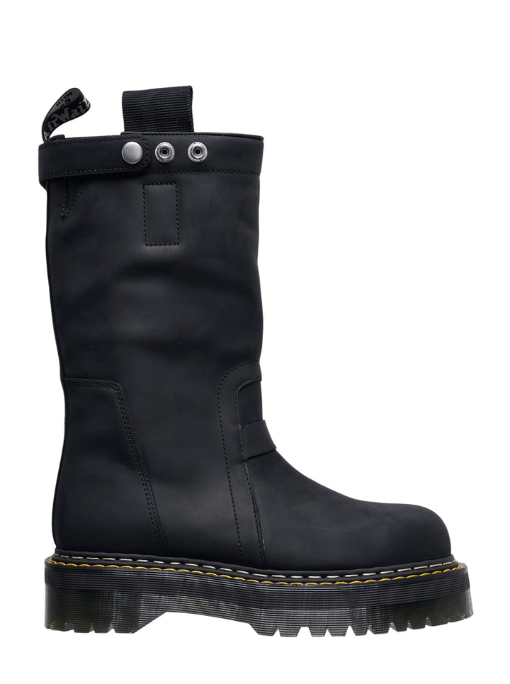 Rick Owens x Dr. Martens Quad Sole Pull-On Boot in black leather with platform lug sole and silver snap-fastening collar strap