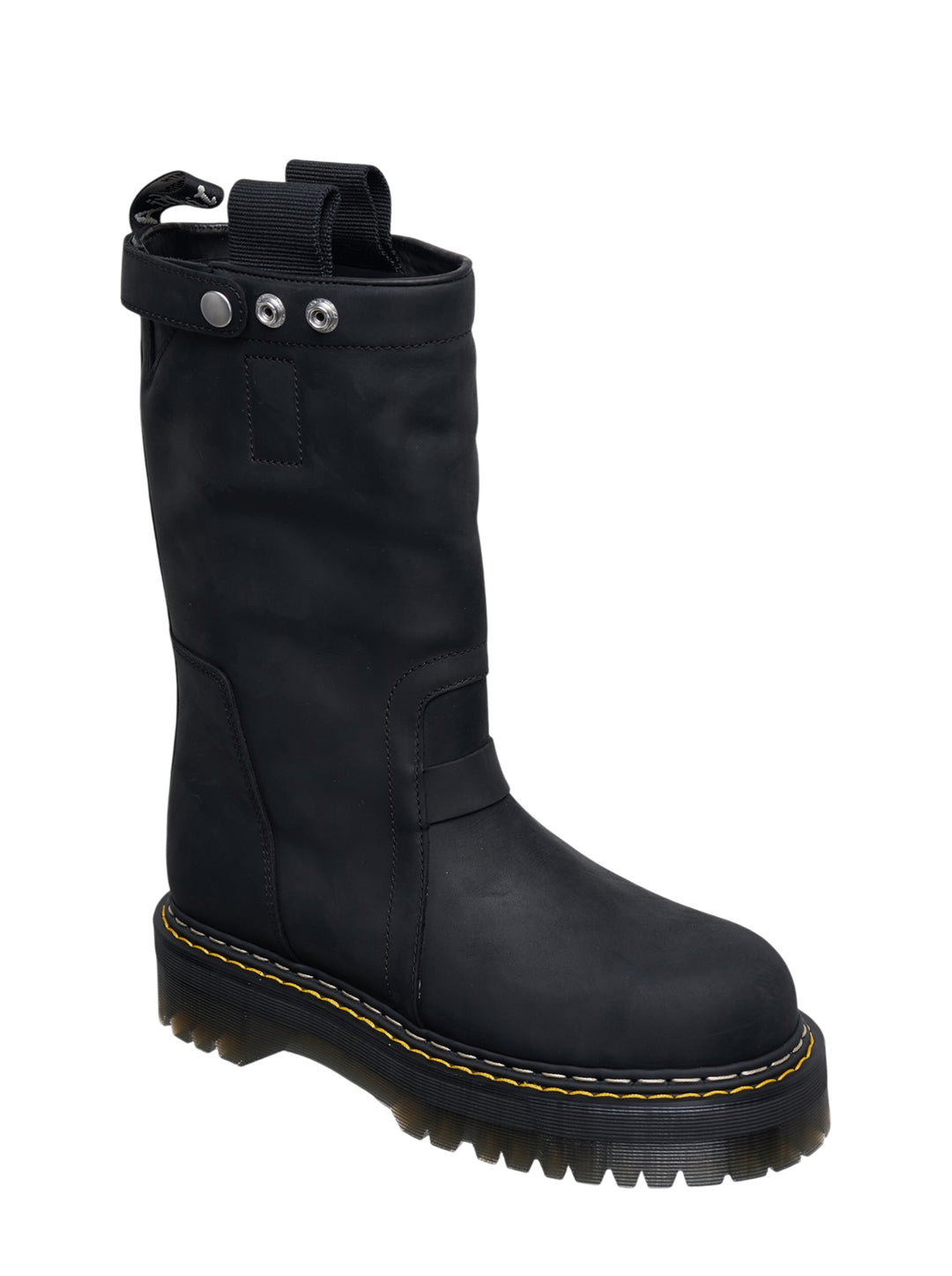 Rick Owens x Dr. Martens Quad Sole Pull-On Boot in black leather with platform lug sole and silver snap-fastening collar strap - view 2