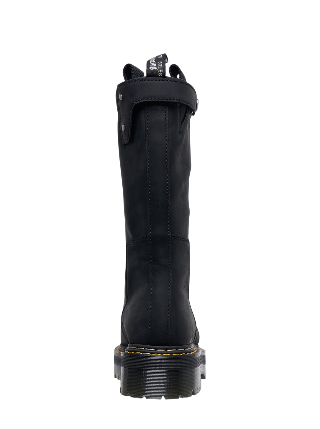 Rick Owens x Dr. Martens Quad Sole Pull-On Boot in black leather with platform lug sole and silver snap-fastening collar strap - view 3