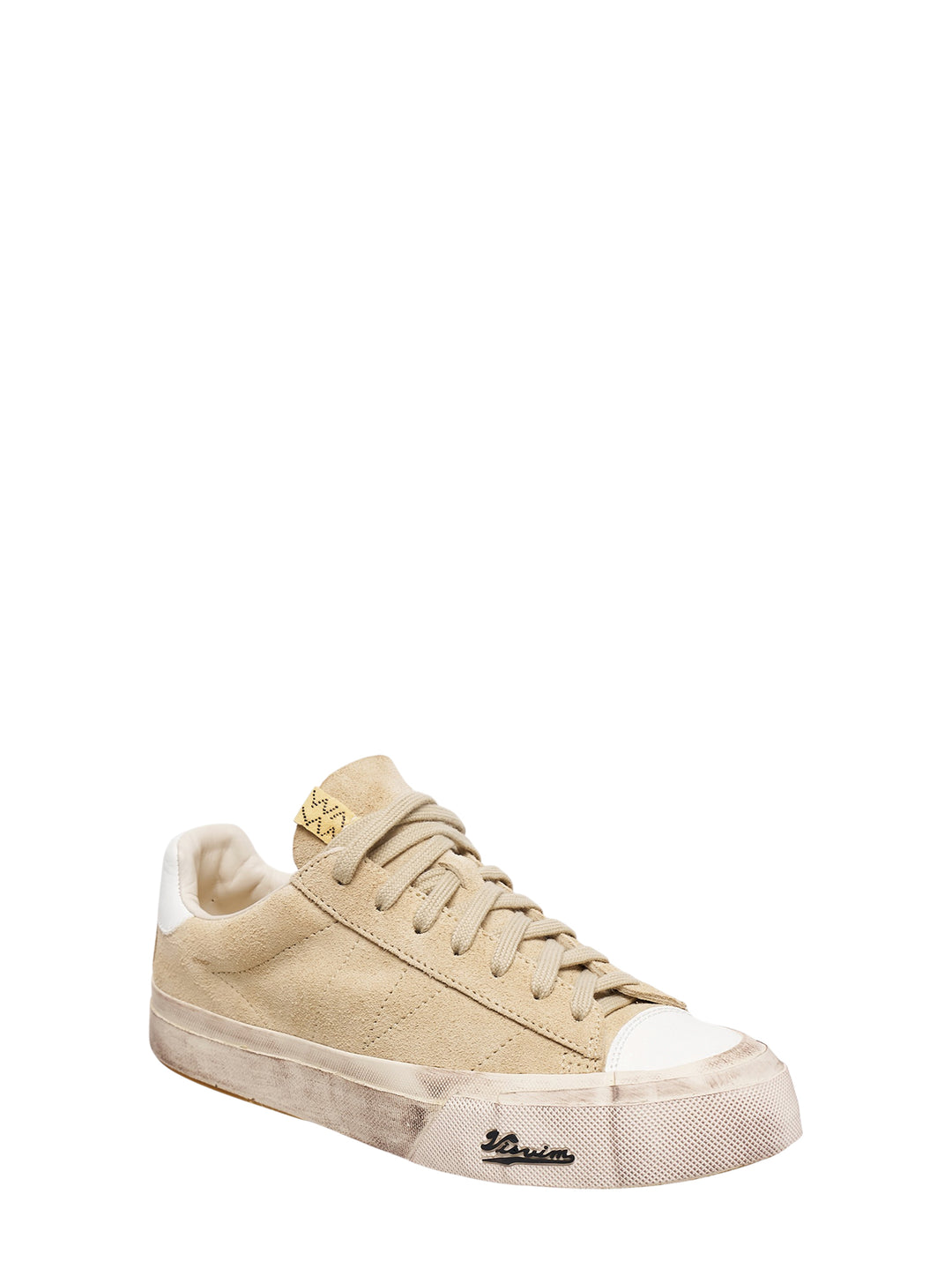 visvim Segura Lo G.Patten UK low-top sneaker in beige suede with white leather heel tab and distressed vintage-finish sole, shown in side profile - view 2