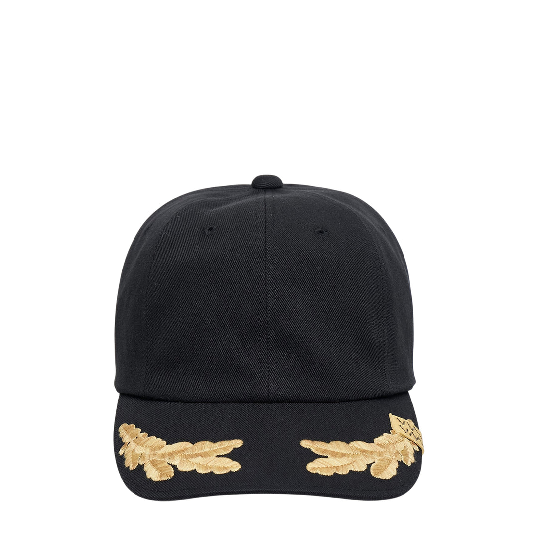 visvim Excelsior II Apollo baseball cap in black twill with gold laurel wreath embroidery on the brim, front view