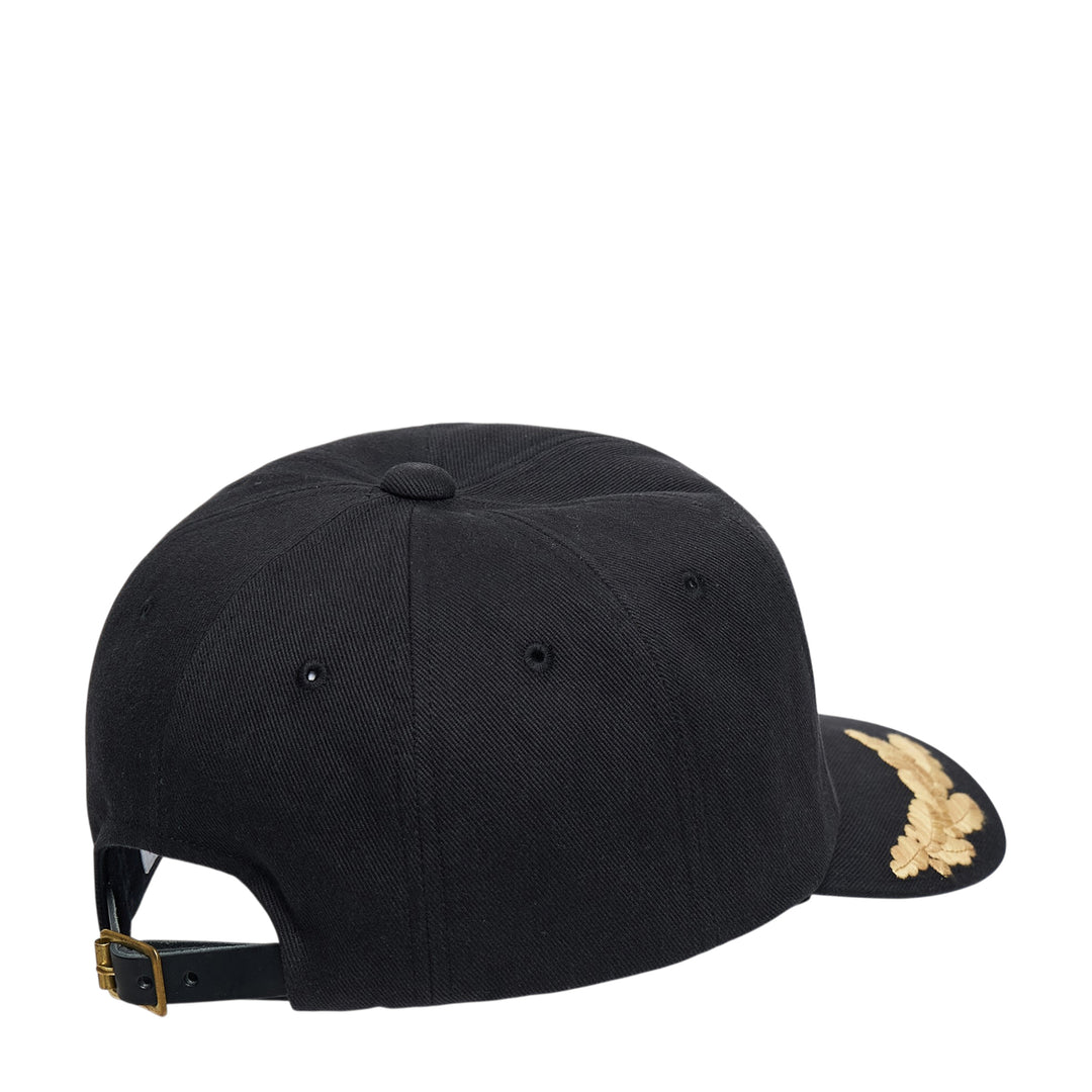 visvim Excelsior II Apollo baseball cap in black twill with gold laurel wreath embroidery on the brim, front view - view 2