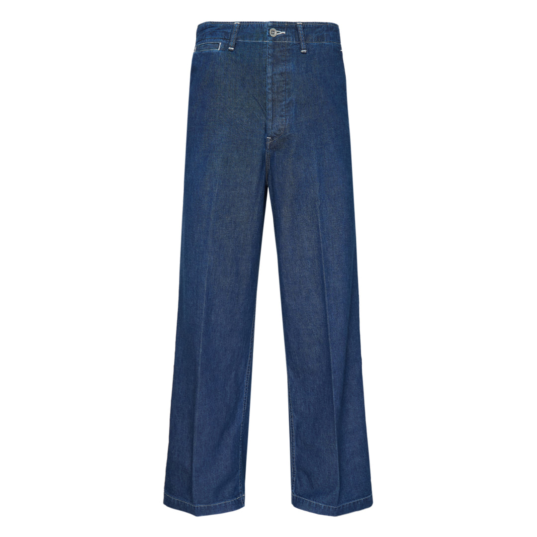 visvim Broader Wide-Leg Jeans in medium indigo denim, shown flat with a high-rise waist, pressed front crease, and wide straight-leg silhouette