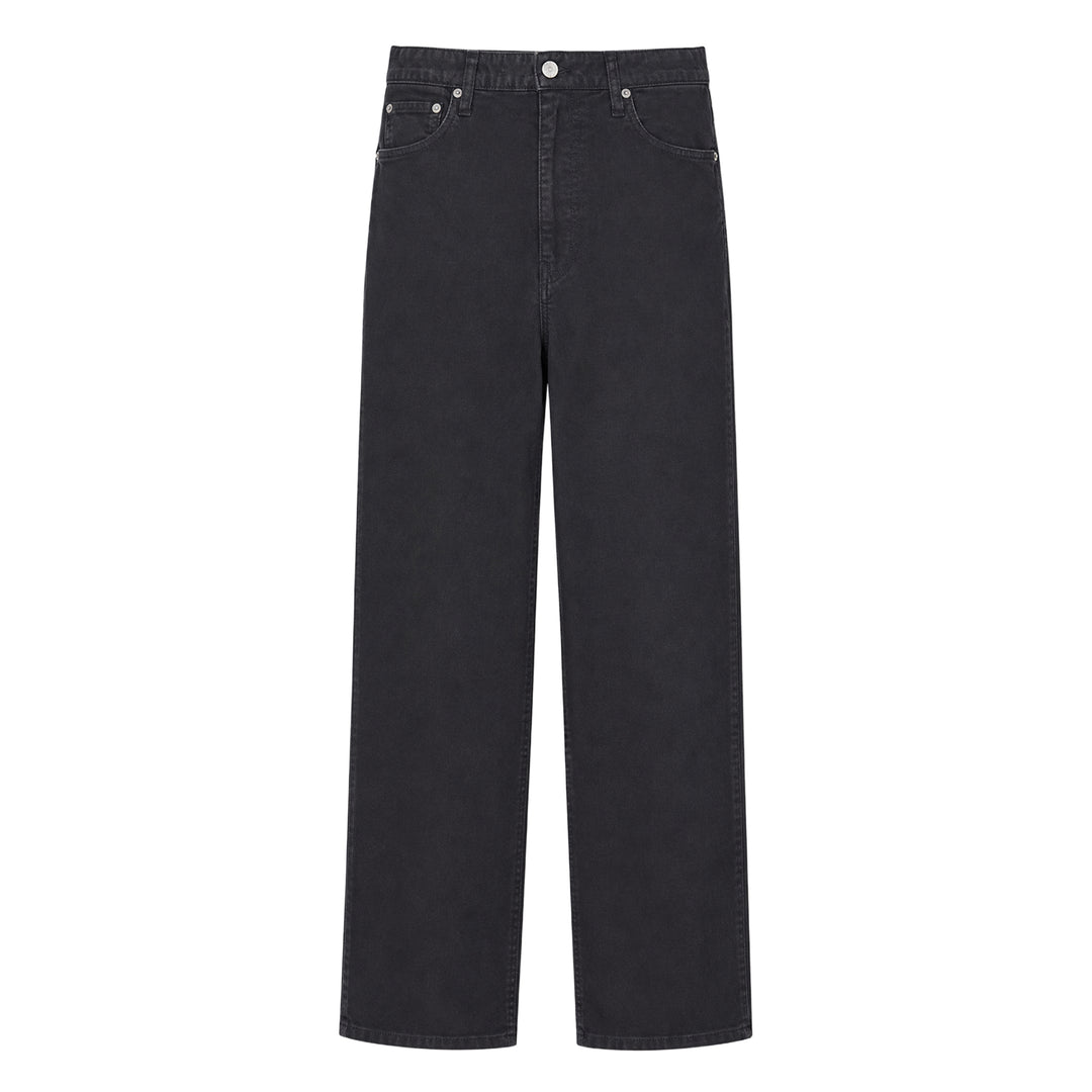 visvim Fluxus 03 Wide Corduroy Pants in washed black, featuring a high-rise waist, five-pocket construction, and a wide straight leg — front flat lay view