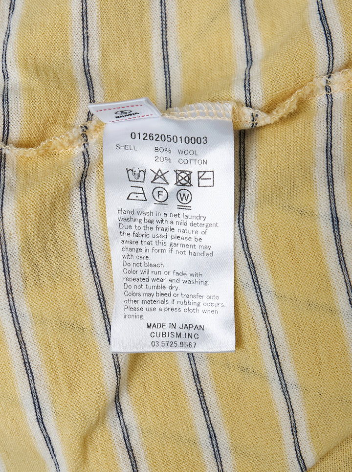 visvim Jumbo Border Short Sleeve Tee in yellow with fine navy and white horizontal stripes, ribbed crewneck and chest pocket, front view - view 3
