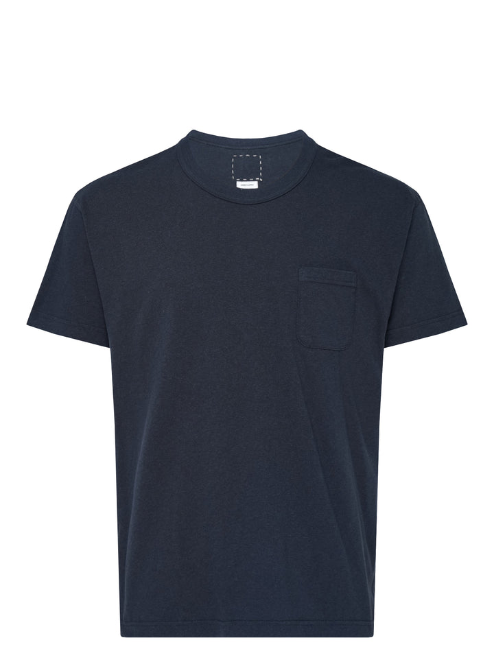 visvim Ultimate Jumbo II short sleeve tee in navy with crew neck and chest pocket, front view