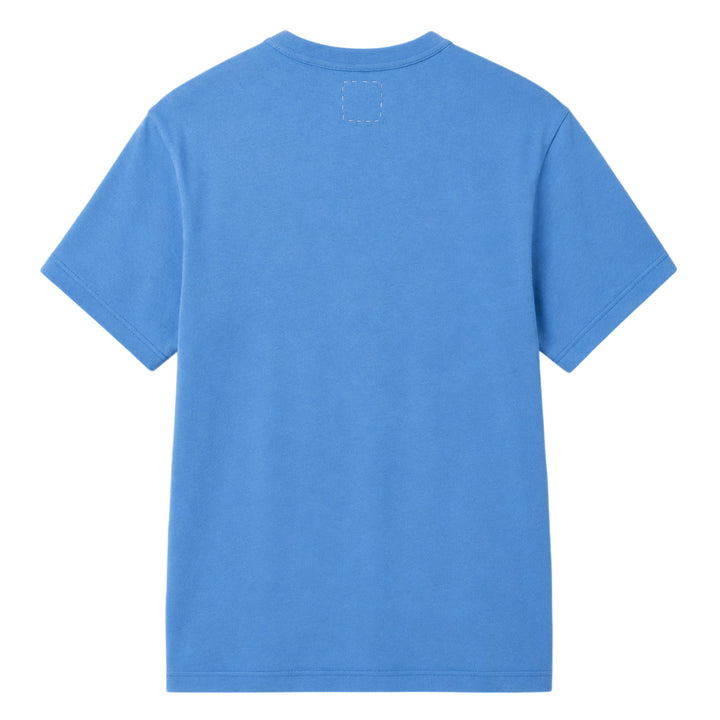 visvim Tiger Man Jumbo Short Sleeve Tee in cornflower blue, featuring a hand-drawn style striped tiger graphic with white script lettering above and below, laid flat on a white background - view 2