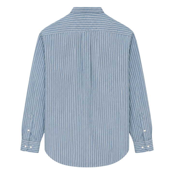 visvim Ingall Long Sleeve Shirt in blue chambray with white pinstripes, featuring a Mandarin band collar, cream button placket, and double-stripe cuff detailing - view 2