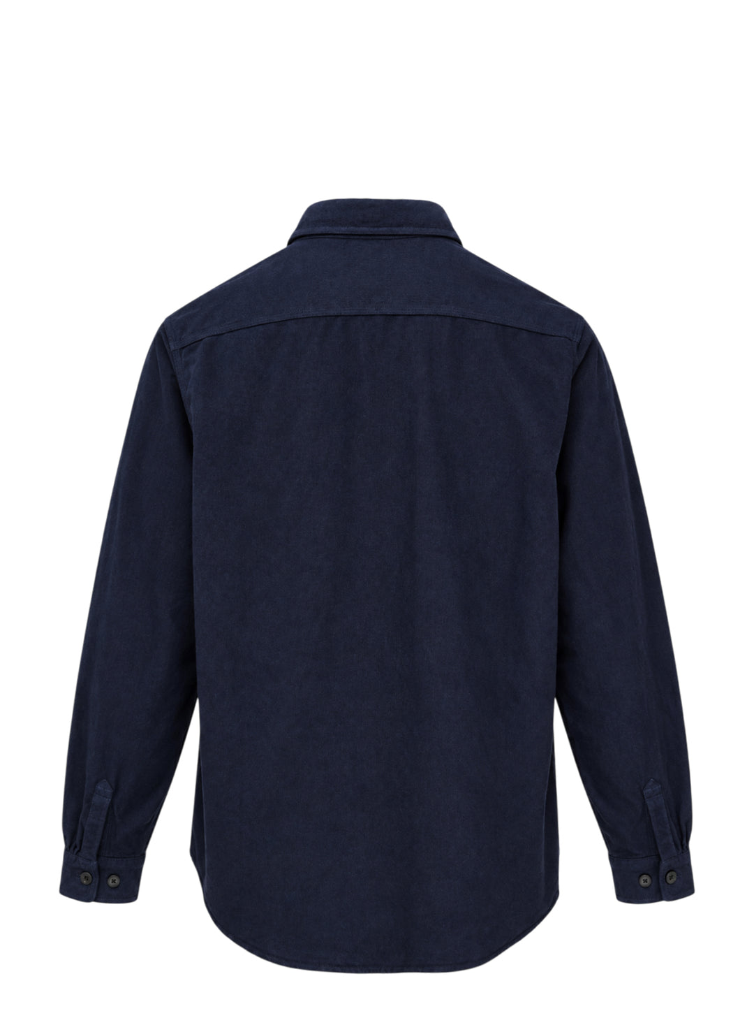 visvim Larrikan long sleeve shirt in navy with two button-flap chest pockets and dark buttons, shown from the front - view 2