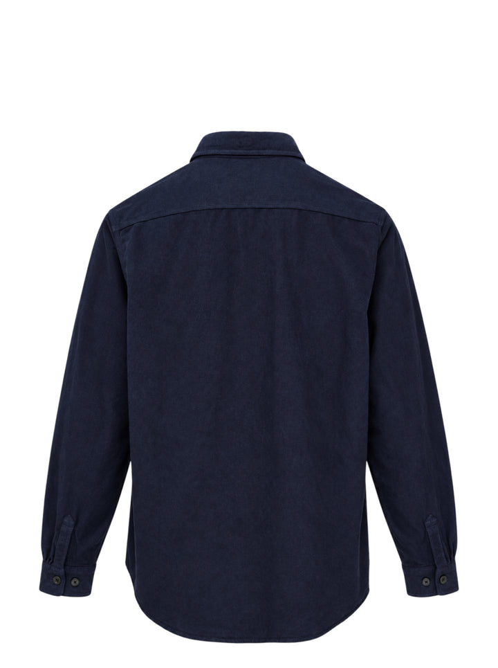 visvim Larrikan long sleeve shirt in navy with two button-flap chest pockets and dark buttons, shown from the front - view 2