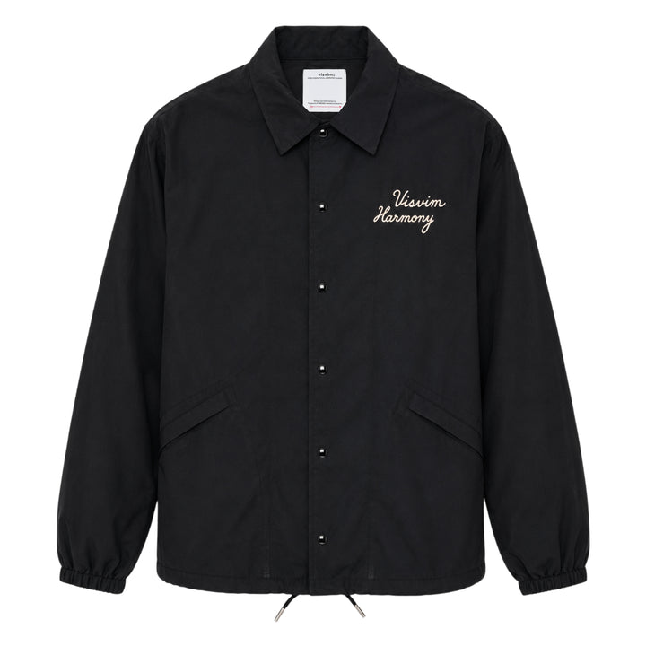 visvim Windfall Coach Jacket in black with embroidered Harmony script, snap-button front closure, and elasticated cuffs