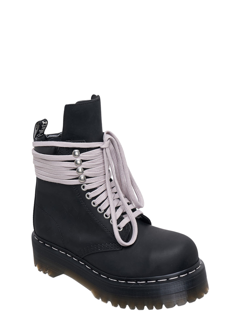 Rick Owens x Dr. Martens Quad Sole Platform Boot in black leather with lilac wrap laces and chunky ridged platform sole, side view - view 2