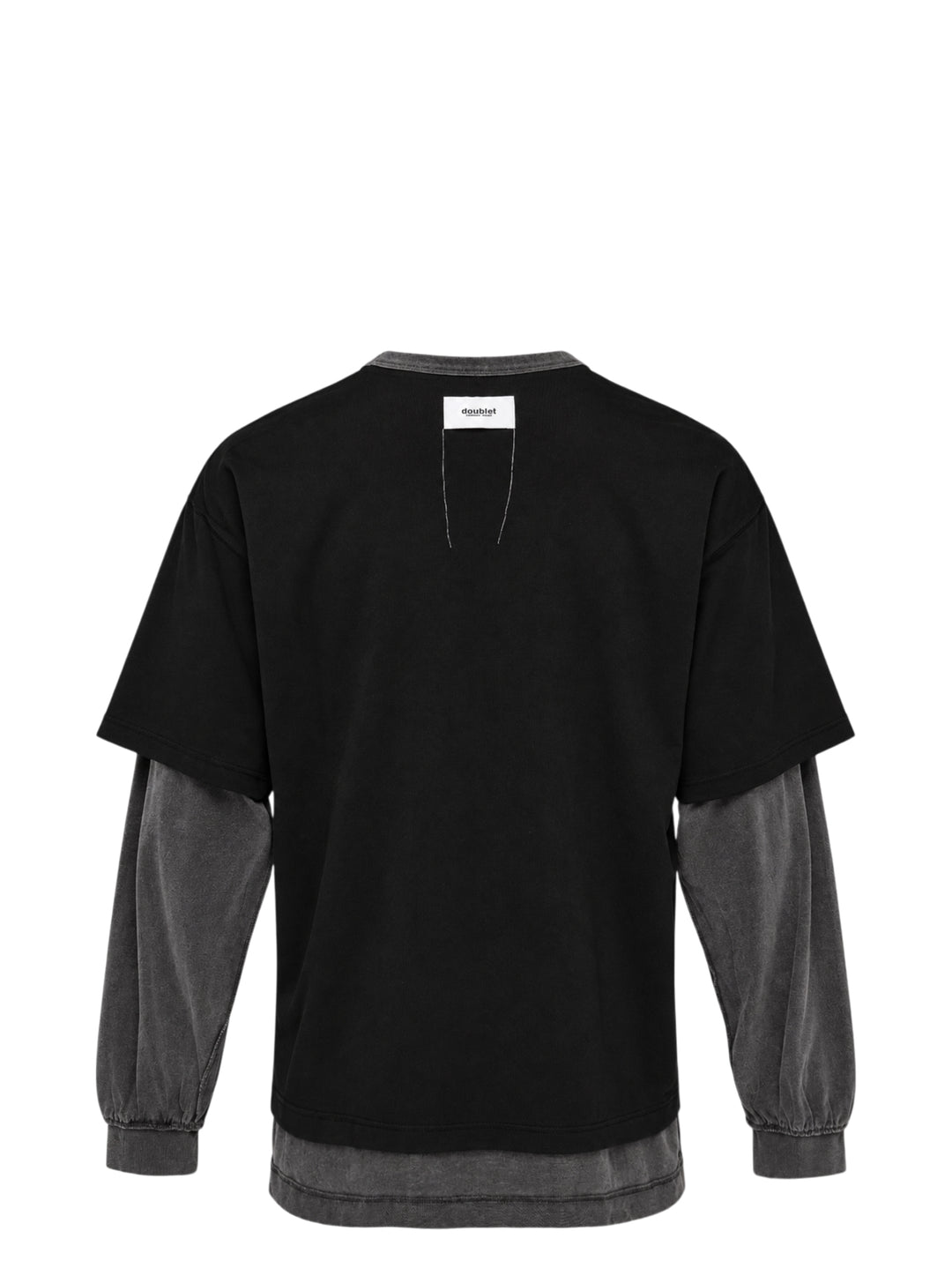 doublet On&Off reversible long sleeve T-shirt in black with a glowing green power-button graphic and faded grey layered sleeves - view 2