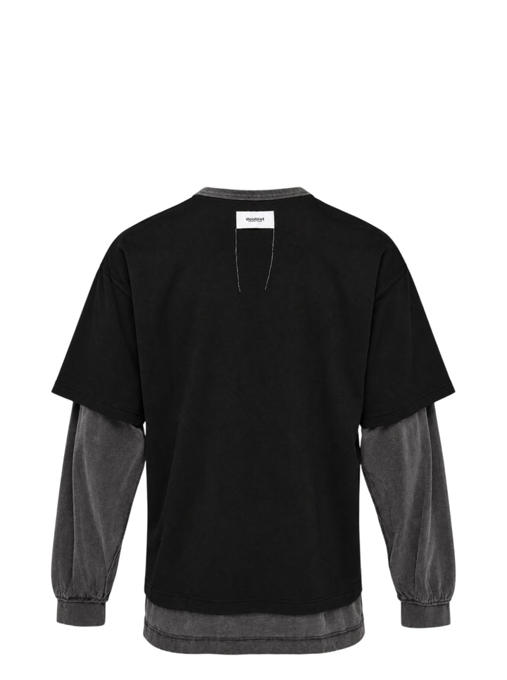 doublet On&Off reversible long sleeve T-shirt in black with a glowing green power-button graphic and faded grey layered sleeves - view 2