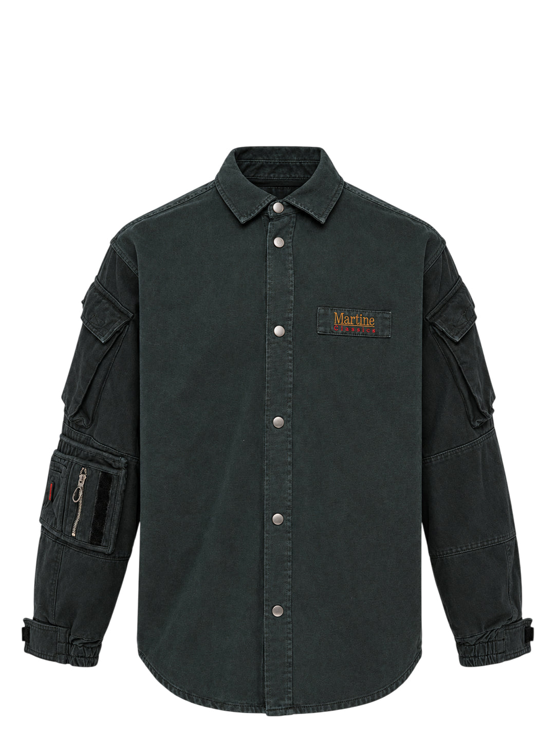 Martine Rose utility sleeve shirt in washed charcoal with snap-button front, flap sleeve pockets and woven Martine Classics chest label