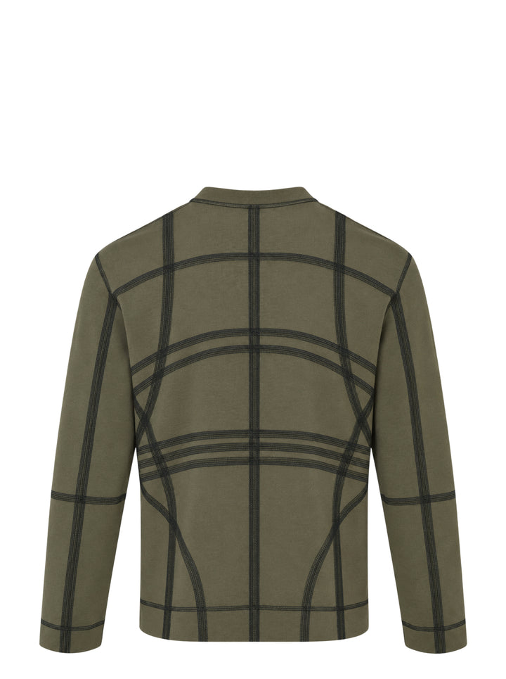 Craig Green olive long sleeve T-shirt with black flatlock stitching forming a grid pattern across the body and sleeves - view 2