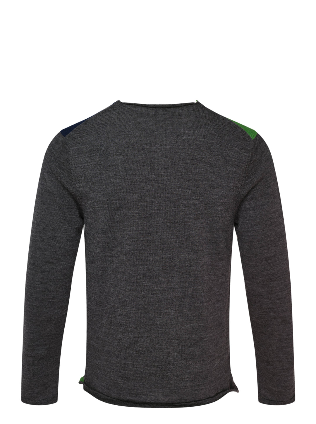 Comme des Garçons Homme Deux long sleeve crew-neck sweater with geometric patchwork panels in green, burgundy and navy on a charcoal grey knit - view 2