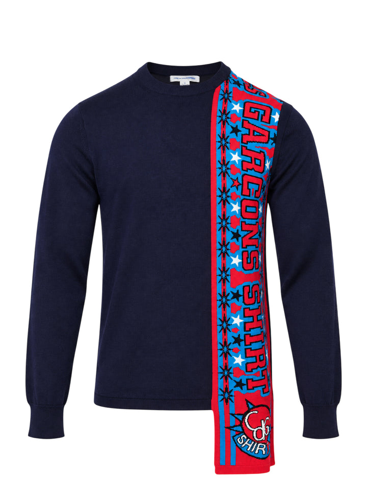 Comme des Garçons Shirt navy crewneck sweater with a vertical red and blue jacquard scarf-style panel and CDG Shirt emblem