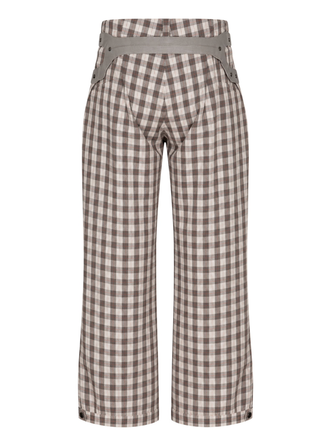 Kiko Kostadinov Fitz trousers in brown and cream gingham check with studded curved side pockets and buttoned hem tabs - view 2