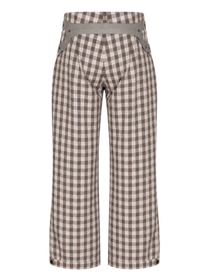 Kiko Kostadinov Fitz trousers in brown and cream gingham check with studded curved side pockets and buttoned hem tabs - view 2