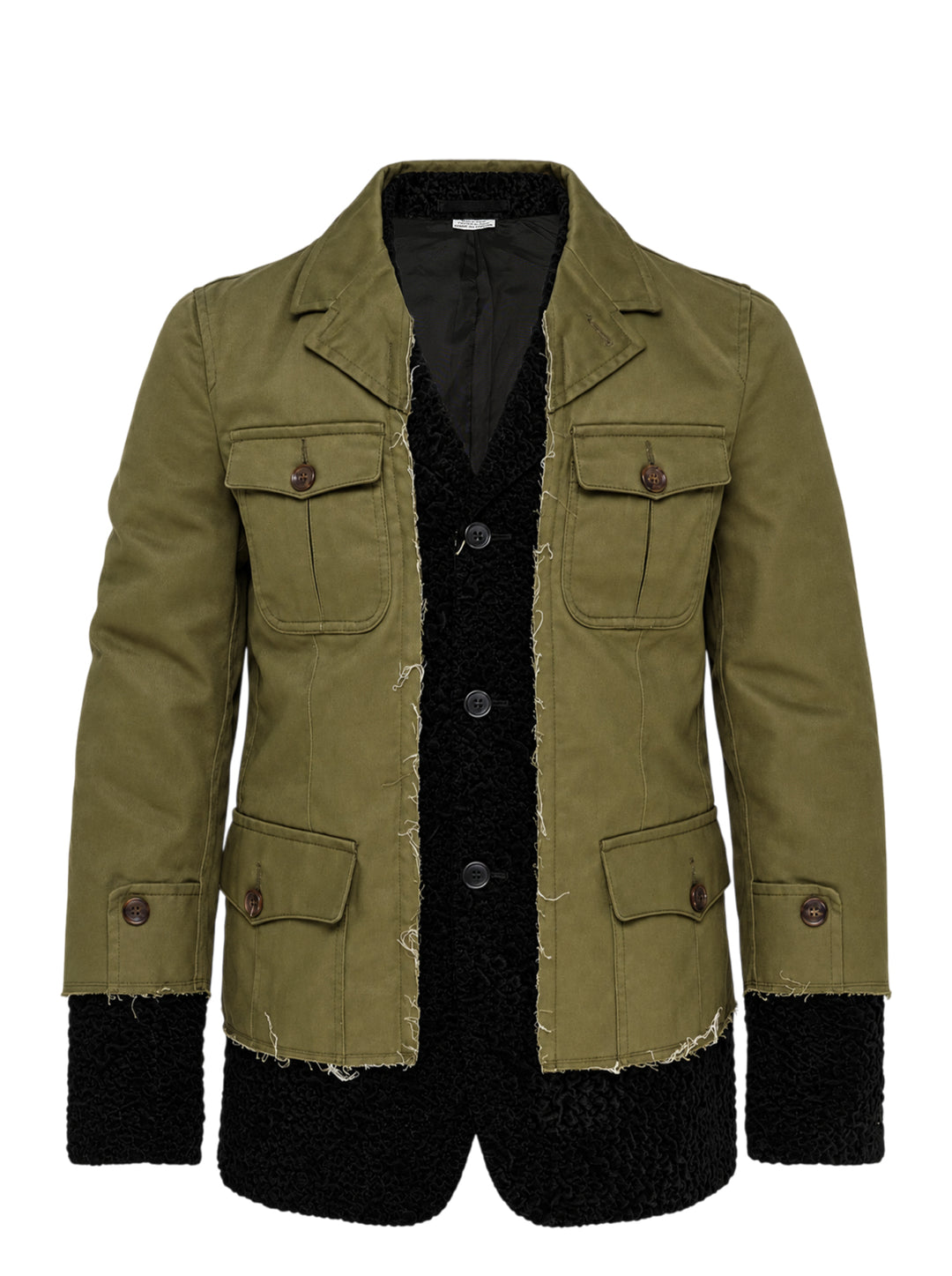 Comme des Garçons Homme Plus olive utility jacket with raw edges layered over a black textured inner jacket, shown from the front