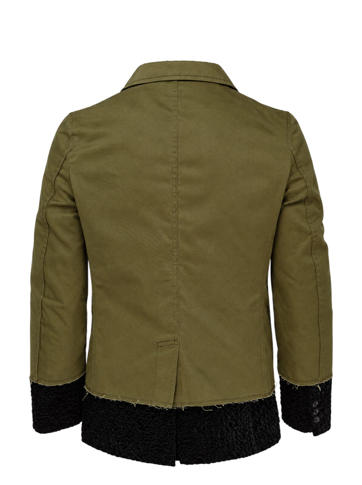 Comme des Garçons Homme Plus olive utility jacket with raw edges layered over a black textured inner jacket, shown from the front - view 2