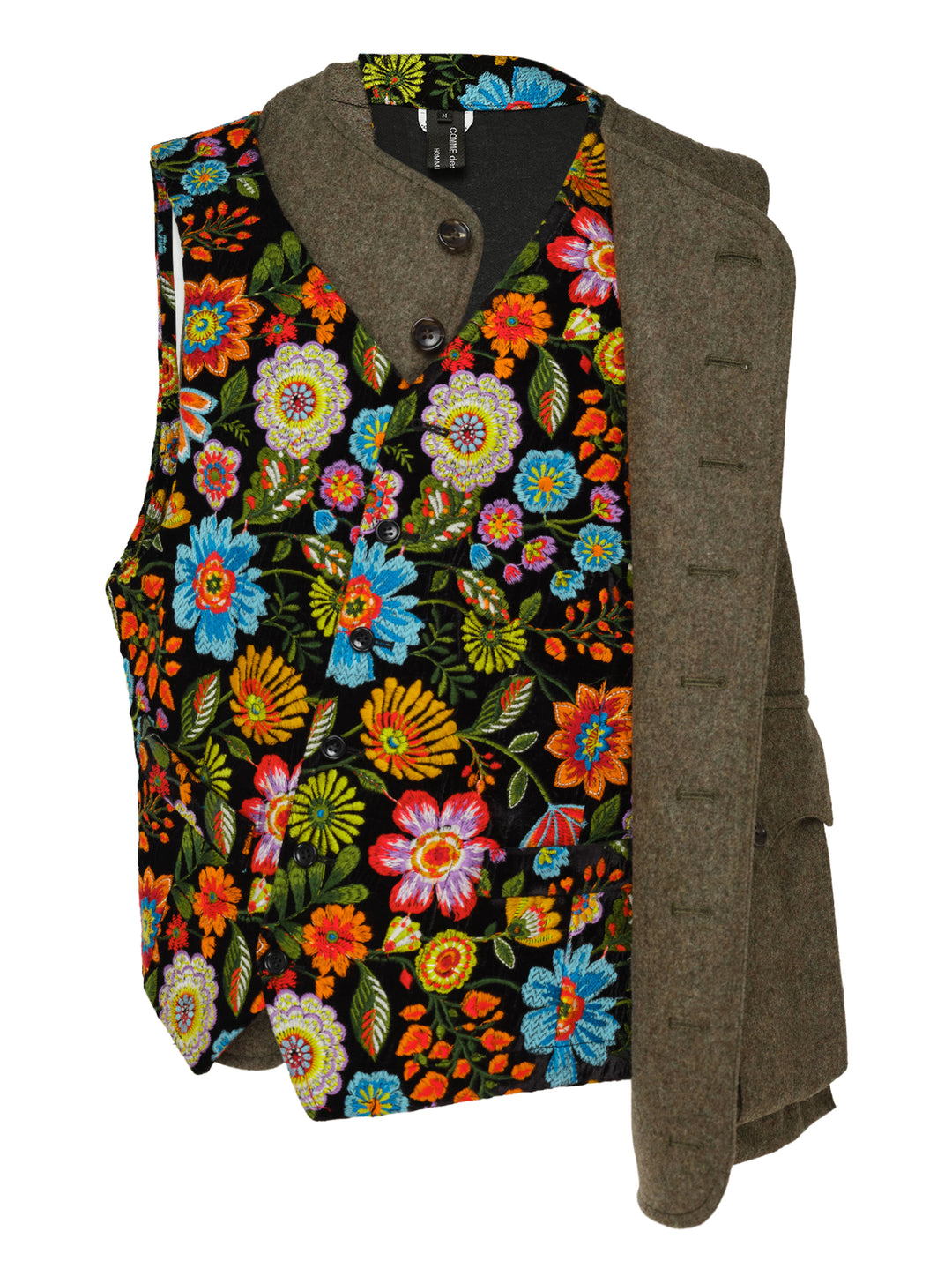 Comme des Garçons Homme Plus asymmetrical vest with an olive wool half, a multicolour embroidered floral half on black, and a large flap pocket - view 2