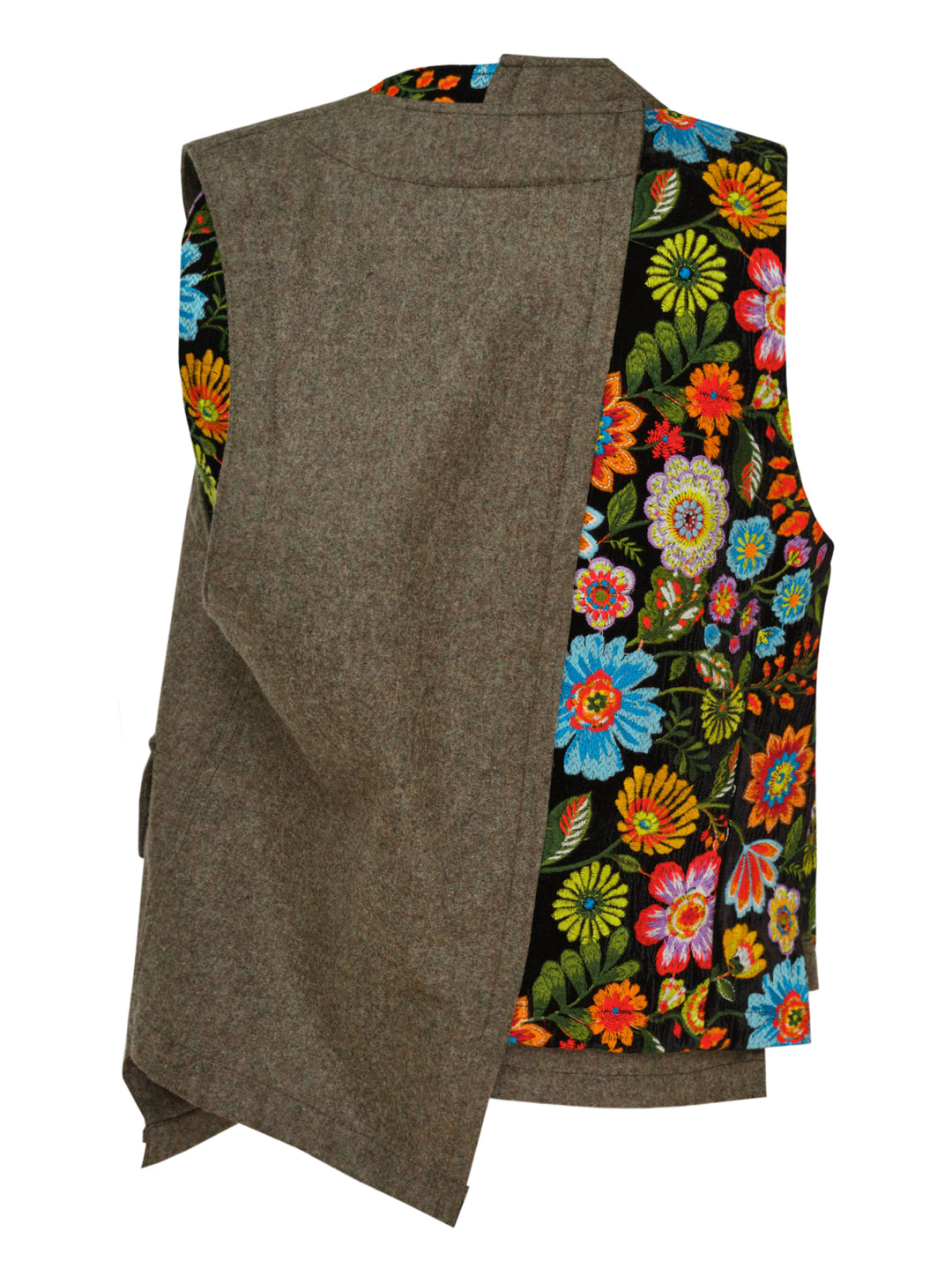 Comme des Garçons Homme Plus asymmetrical vest with an olive wool half, a multicolour embroidered floral half on black, and a large flap pocket - view 3