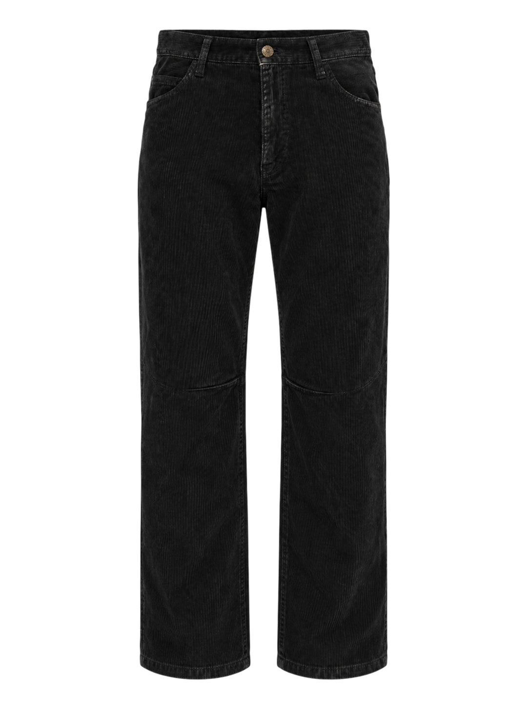 Undercover black corduroy pants with straight legs, knee seams and five-pocket styling, shown front view