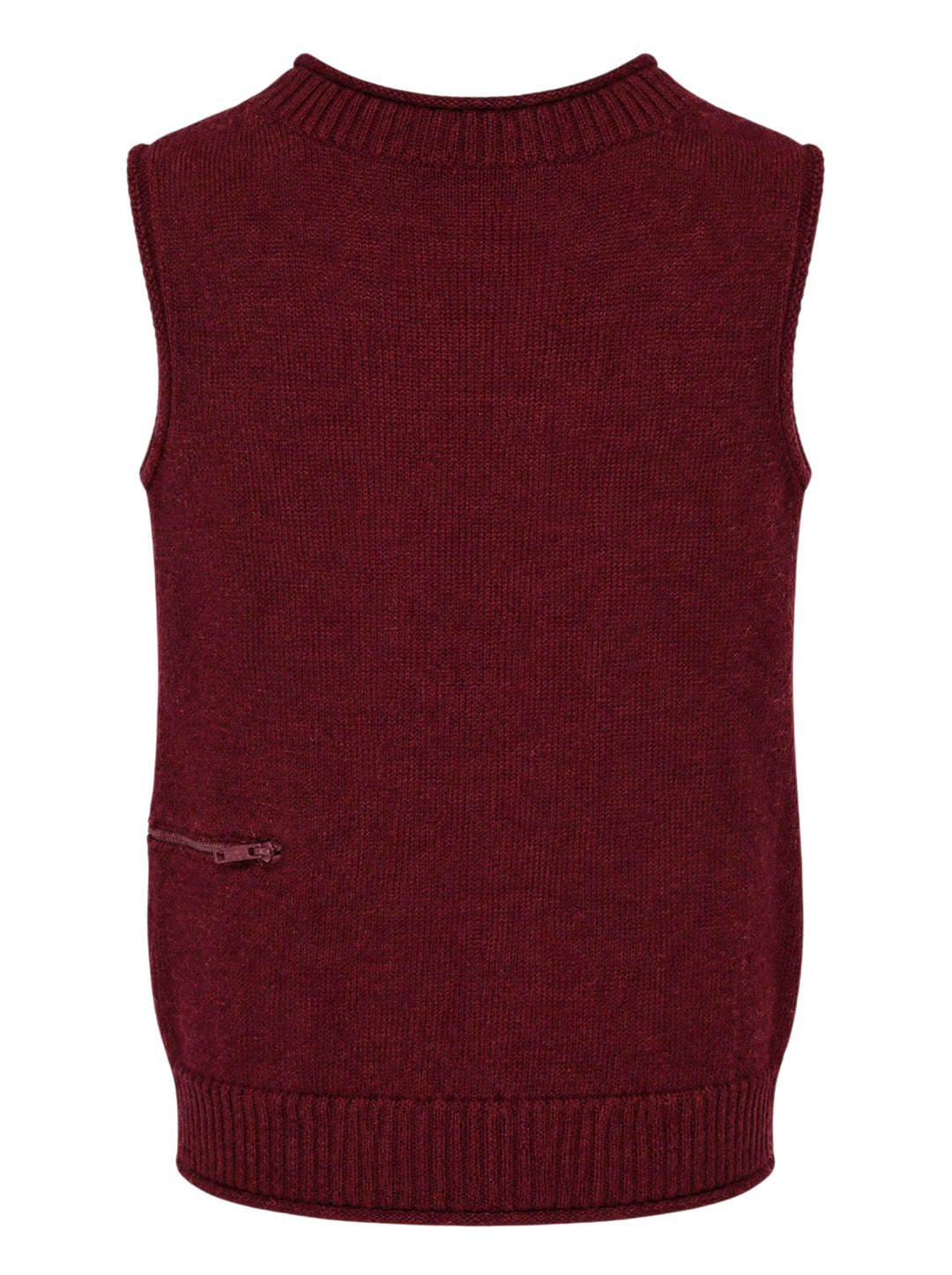 Undercover burgundy knit vest with ribbed V-neck and a horizontal zip pocket at the lower front - view 2