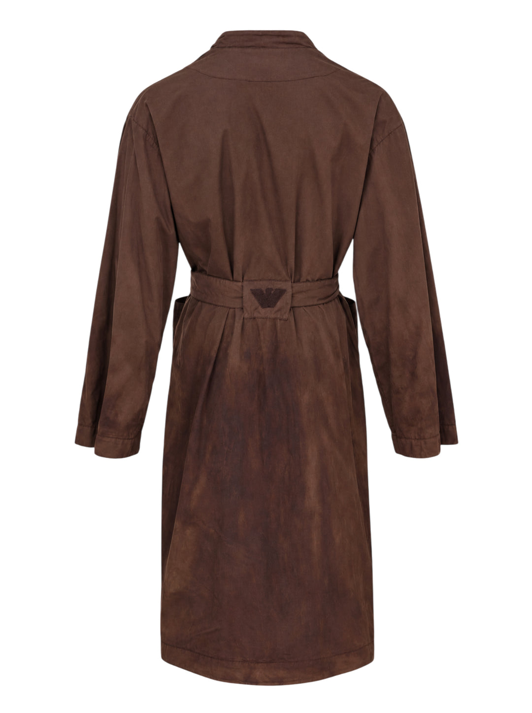 Brown garment-dyed belted toga coat with wrap front, patch pockets and tied waist belt, front view - view 2