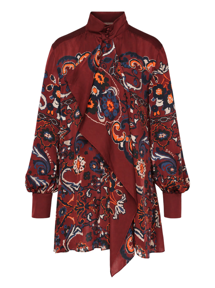 sacai burgundy satin mini dress with navy, orange and cream paisley floral print, high collar, draped scarf panel and balloon sleeves